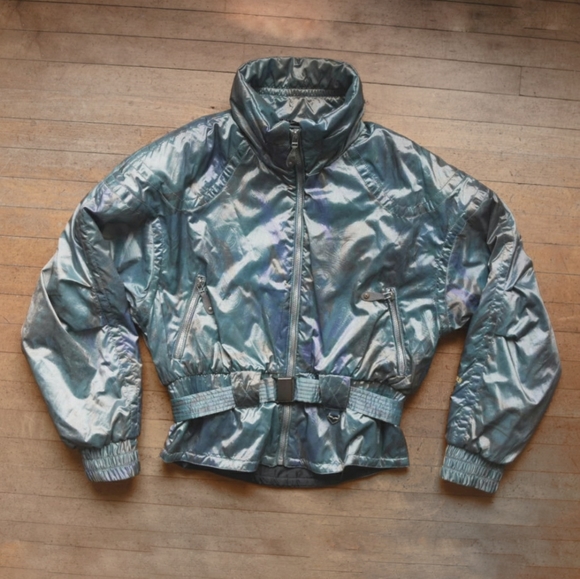 Vintage 80s Obermeyer Belted Cinch Waist Pearlescent Pastel Ski Jacket - Picture 2 of 6